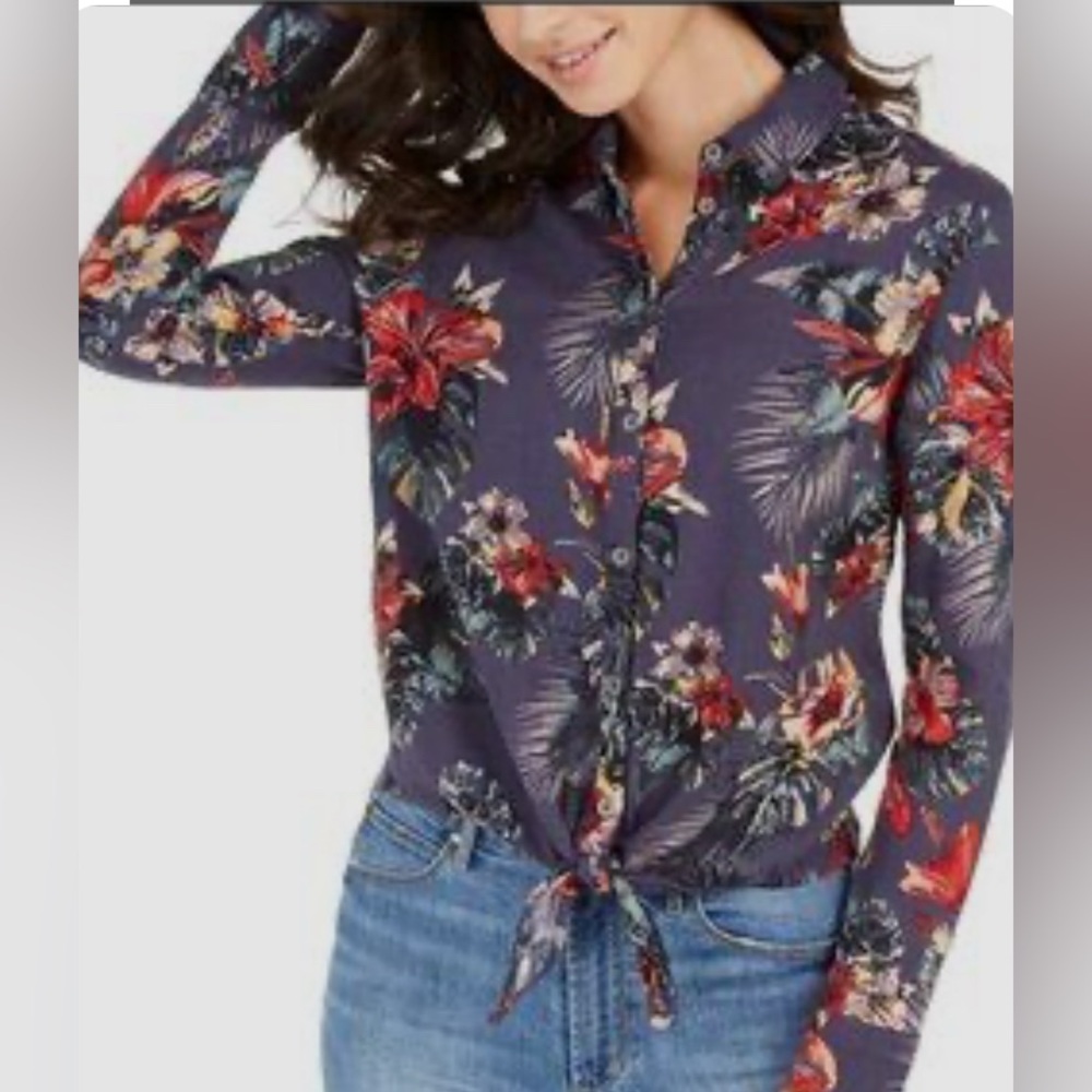 Roxy Hawaiian Top Size Small Floral Tropical Tie Long Sleeve Shirt EUC